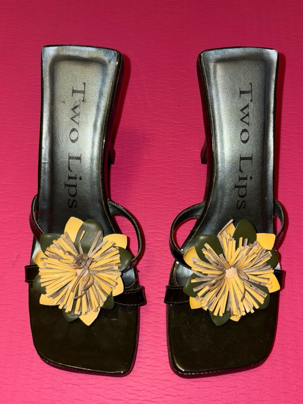 Two Lips Black Heeled Slide Sandals with Yellow and Green Floral Detail